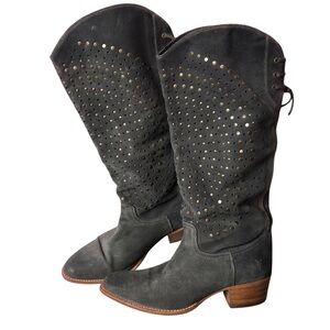 Frye Deborah Boots Sz 9 Gray Studded Lace Back Tall Block Heel Boho Chic Western